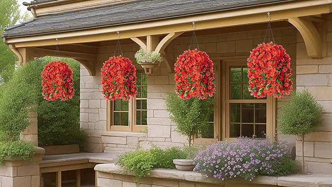 Artificial Hanging Flowers in 12 inch Basket, Fake Fall Plant Silk Orchid Flower Arrangement with Hanging Basket Daisy Planter for Patio Garden Porch Deck Summer Autumn Yard Decoration(Red Orange)