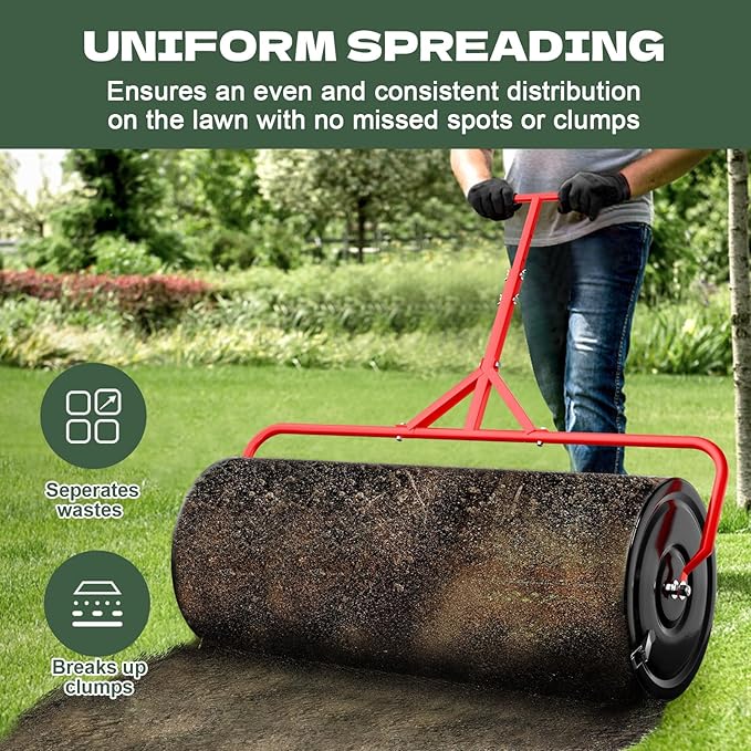Compost Peat Moss Spreader for Lawn, 36 Inch Compost Roller Spreader with Adjustable T-Shaped Handle, Upgraded Side Clasps, Durable Lightweight Metal Roller, Lawn Garden Yard Care