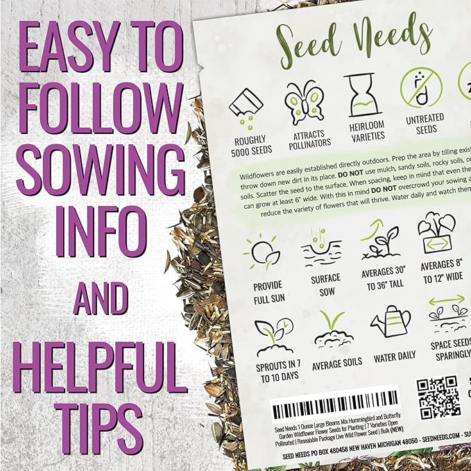 Seed Needs Garden Flower Seeds Large Blooms Mix Hummingbird and Butterfly | 10 Packs (1 Ounce Each) No Filler 7 Varieties Open Pollinated | Resealable Package Live Wild Flower Seed | Bulk