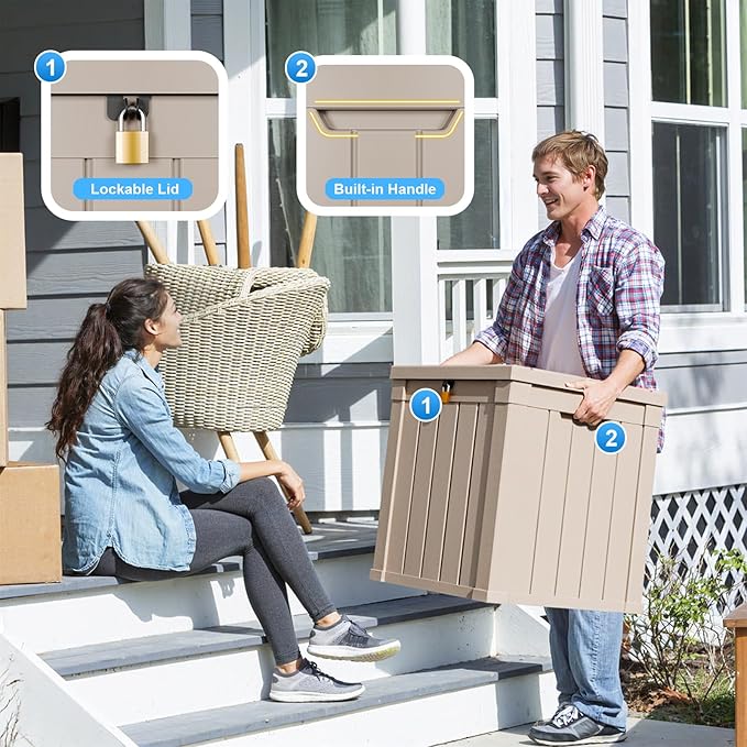 DRATO 50 Gallon Deck Box, Outdoor Storage Box for Patio Cushion, Sports Equipment, Garden Tools, Waterproof Patio Storage box, Lockable (Light Brown)