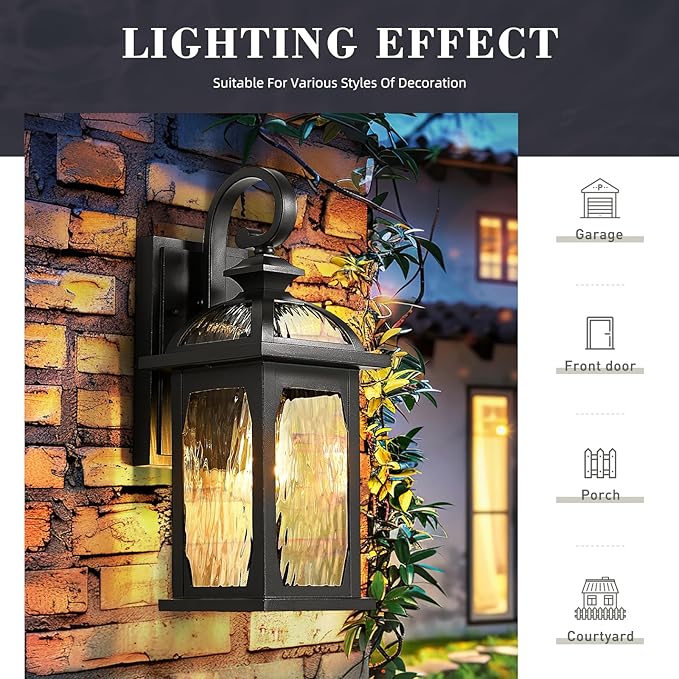 zeyu 2 Pack Outdoor Wall Lamps, 15-inch Black Exterior Light Fixtures for Patio House, Die-Cast Aluminum with Water Ripple Glass, Black Finish, ZD100B-2PK BK-WP
