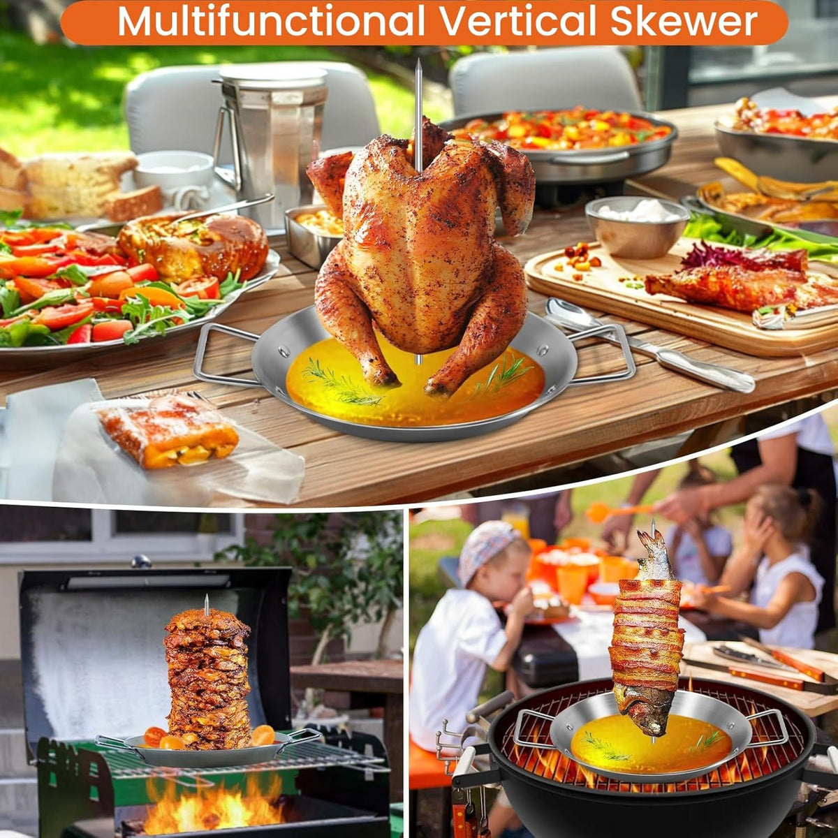 Al Pastor Skewer for Grill, Stainless Steel Vertical Skewer Shawarma Stand Vertical Spit with 3 Removable Spikes(8”/10"/12”) & Brushes Gyro Pan for Tacos, Kebabs Smoker,BBQ