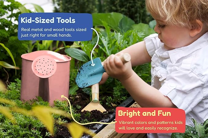 Gardening Set, Tool Kit, for Kids, STEM, Includes Tote Bag, Spade, Watering Can, Rake, Fork, Trowel and Gloves (Petal)