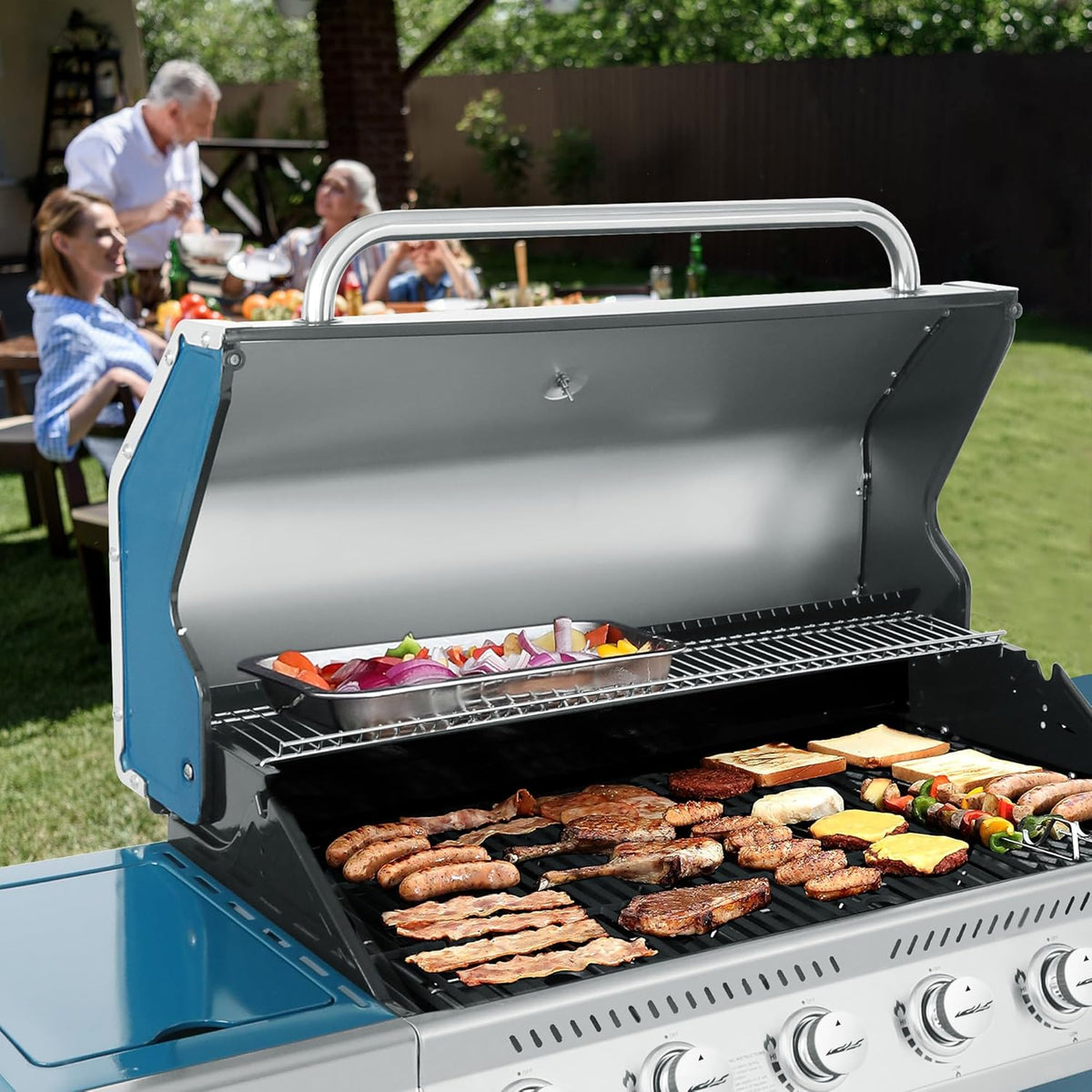 Royal Gourmet GA6402B 6 Burner Propane Gas Grill with Side Burner and Warming Rack, 74,000 BTUs, Cabinet Style Gas BBQ Grill for Barbecue Grilling & Backyard Cooking, Blue
