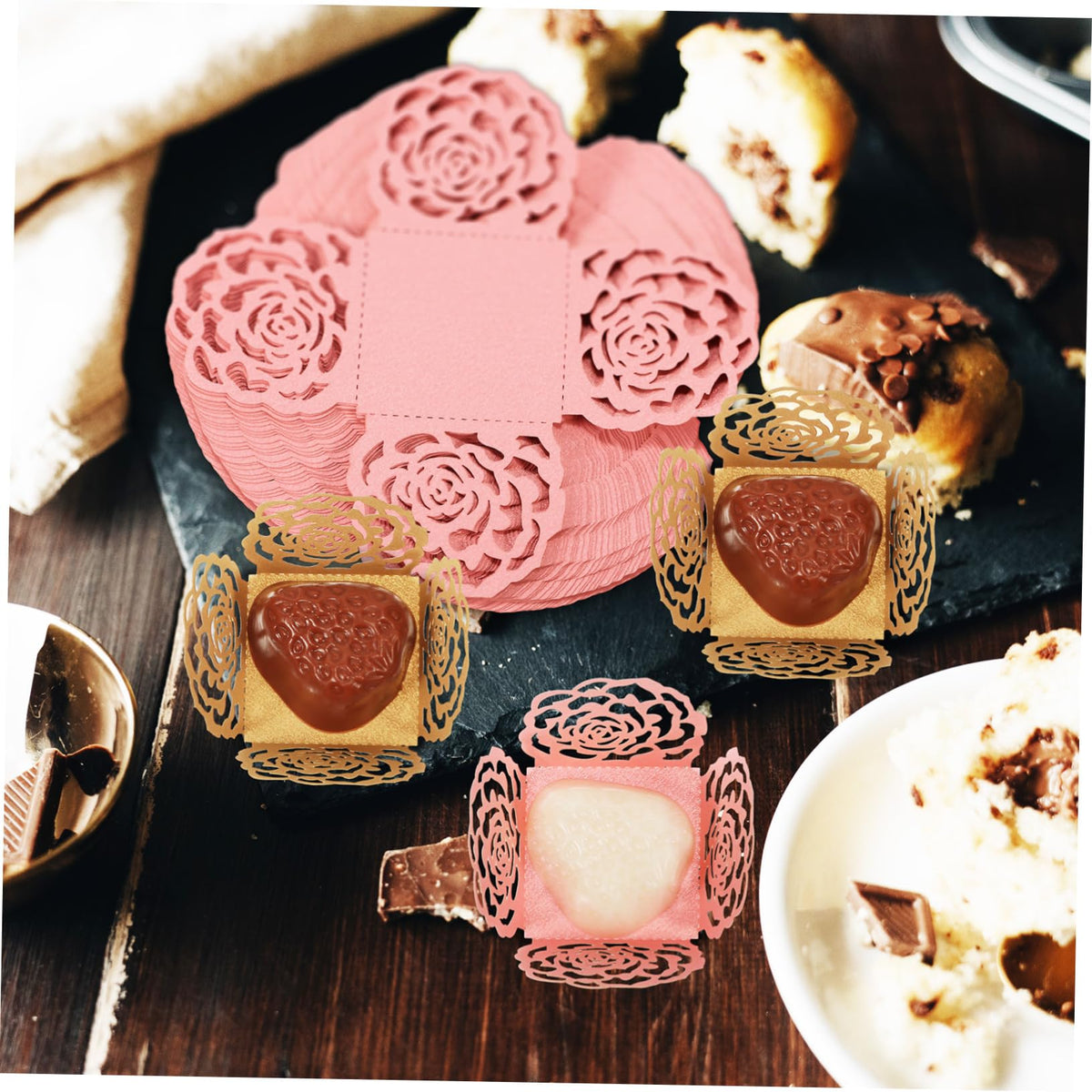 OHPHCALL 100pcs Truffle Wrappers for Chocolate and Decorative Paper Liners Hollow Lace Design for Weddings Birthdays and Party Treats
