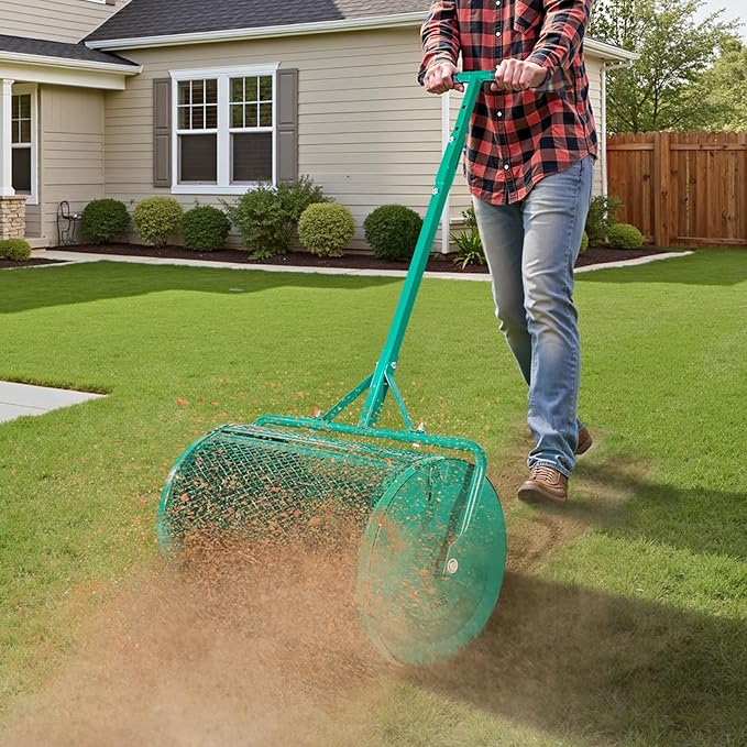 VEVOR Compost Spreader, 24 in Wide Peat Moss Spreader with Push/Tow Handle, 4 Heights Adjustable, Powder-Coated Steel Garden Peat Moss Roller, Heavy Duty Grass Seed Spreaders for Planting Seeding