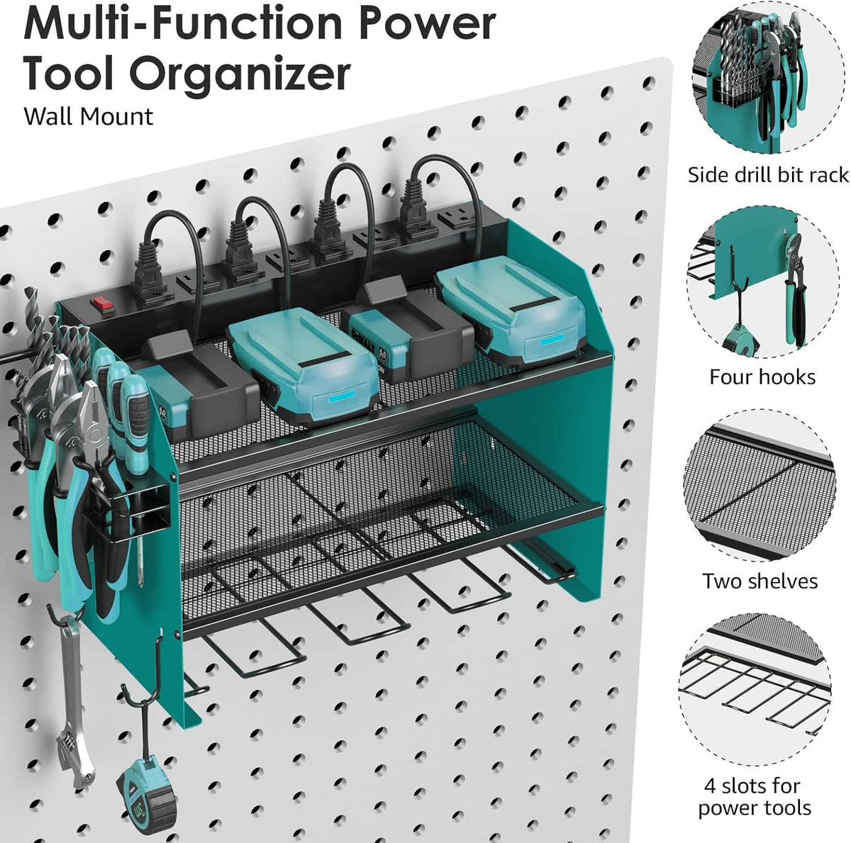 CCCEI Modular Power Tool Organizer Wall Mount with Charging Station. Garage 4 Drill Storage Shelf with Hooks, Drill Bit Heavy Duty Rack, Navy Blue Tool Battery Holder Built in 8 Outlet Power Strip.
