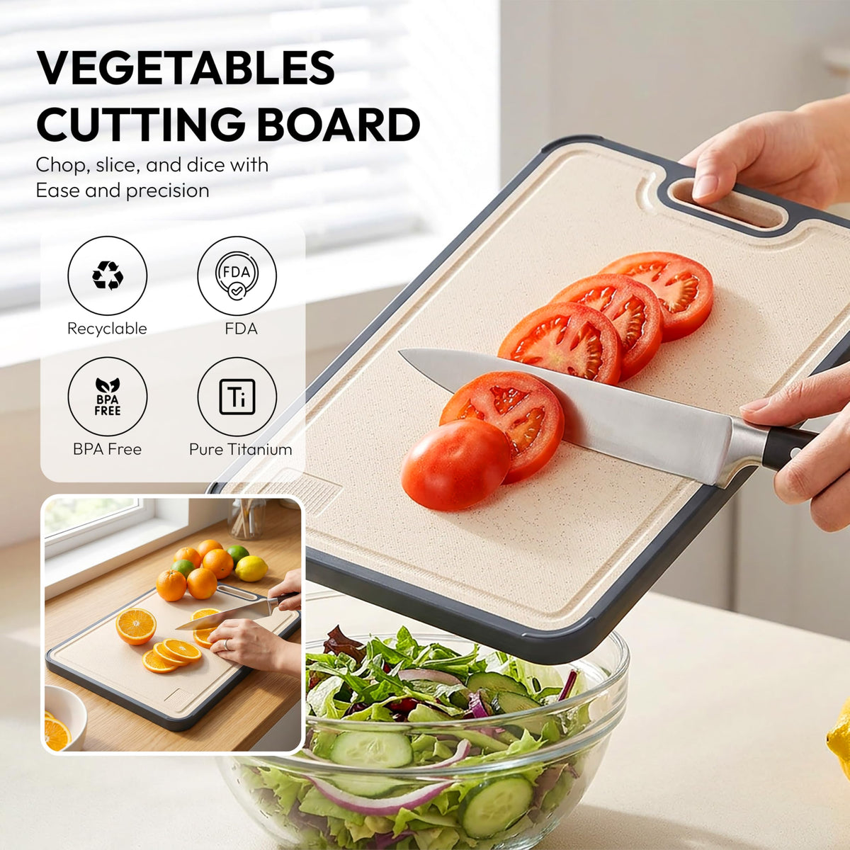 ELK DESIGNS Titanium Cutting Board - Double Sided Food Grade Chopping Board For Kitchen - Pure Titanium/PP, Non Porous Odor Resistant Cutting Board for Meat, Vegetables & Fruits, Large Size