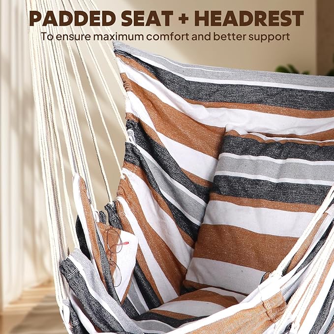 Chihee Hammock Chair Hanging Chair with Foot Rest 2 Cushions Max 500lbs Robust Metal Spreader Bar Collapsible Easy Storage Soft Cotton Swing Chair Strong Strap Iron Carabiner Side Pocket Included