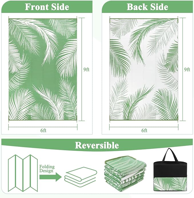 Pauwer Waterproof Outdoor Rug 6x9, Reversible Plastic Straw Patio Camping Rug, Indoor Outdoor RV Mat Carpet for Deck, Camper, Porch, Balcony, Backyard, Picnic, Leaf Green