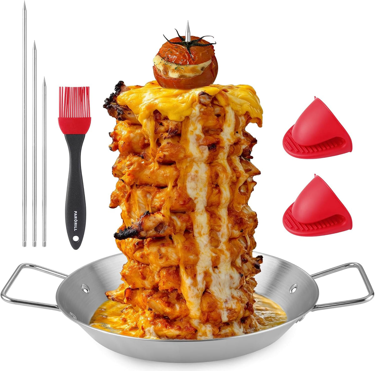 Al Pastor Skewer for Grill Stainless Steel Shawarma Skewer Stand with 3 Spikes (8"/10"/12"),Brush & Anti-scalding Fittings for BBQ Grill Oven