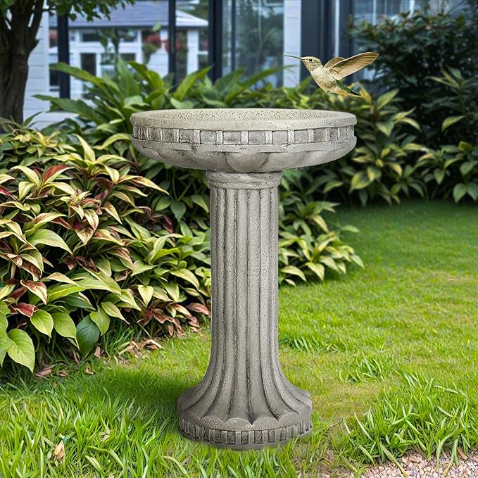 SunJet 24” H x 16” Dia Outdoor Birdbath with Classical Pedestal - Fibre Reinforced Concrete Birdbaths, Vintage Design for Garden Decor & Bird Attraction