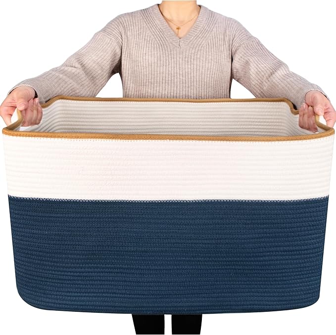 MINTWOOD Design 22in Extra Large Blanket Basket Holder Living Room, Rectangle Rope Woven Storage Basket with Handles for Laundry, Pool Towels, and Shoes, Dog Toy Organizer Bin Box, Prussian Blue