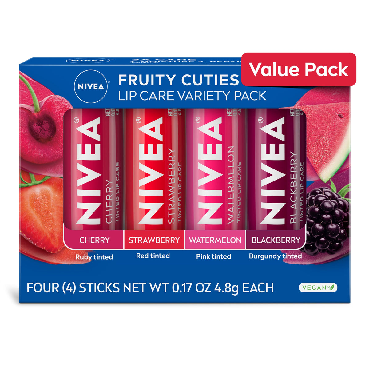NIVEA Lip Care, Fruity Cuties Lip Balm Variety Pack, 4 x 0.17 OZ