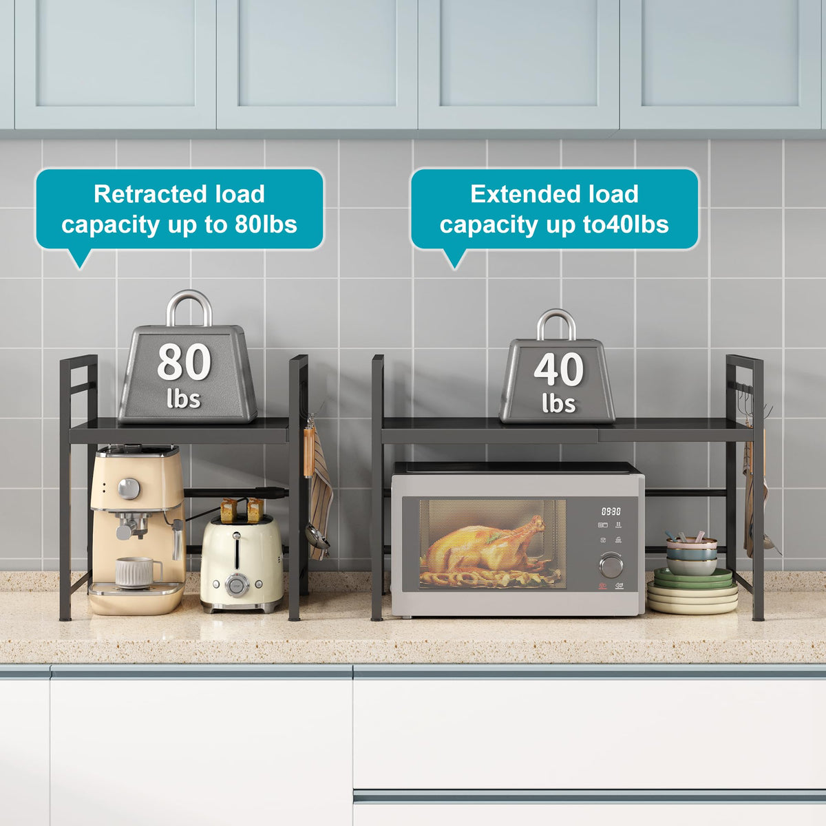 DOLALIKE Microwave Oven Rack, Expandable Microwave Stand Countertop Kitchen Utensils Tableware Storage, Carbon Steel Over Microwave Shelf Countertop with 3 Hooks