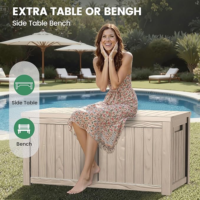120 Outdoor Storage Box, Waterproof Resin Deck Box for Indoor & Outdoor Use, Lockable Storage Bench with Piston Hinge, Storage Bin for Patio Cushions, Garden Tools, Package Delivery, Grey