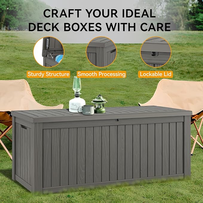 NUNU LAB 150 Gallon Outdoor Storage Box,Resin Large Sturdy Deck Box, Backyard Outside Storage Box Waterproof with Double Wall Panels,Package Delivery,Garden Outdoor Hose Bin