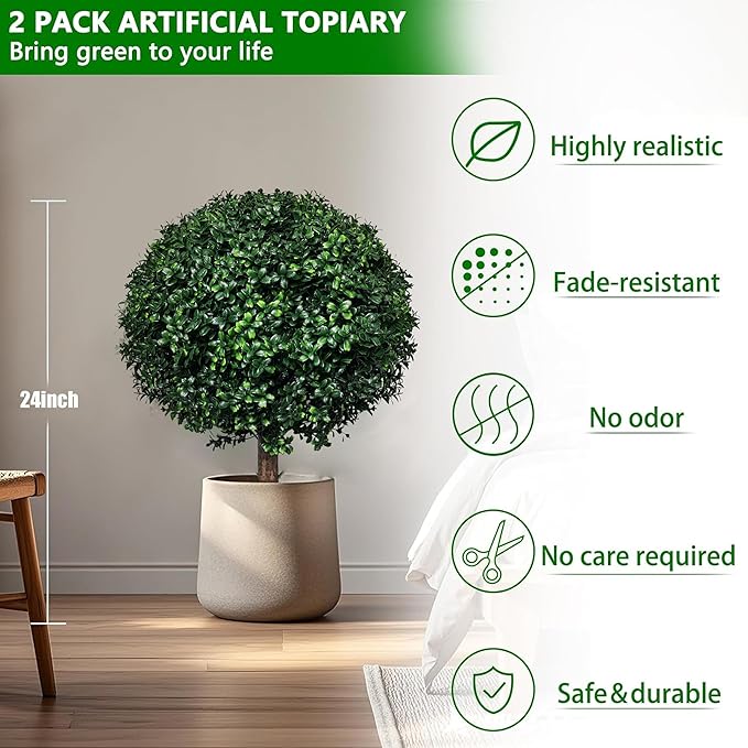 Artificial Boxwood Topiary Ball Tree Outdoor Set of 2,Artificial Boxwood Plants with Ground Spike,Faux Shrubs Fake Evergreen Tree UV Resistant,Diameter 17"
