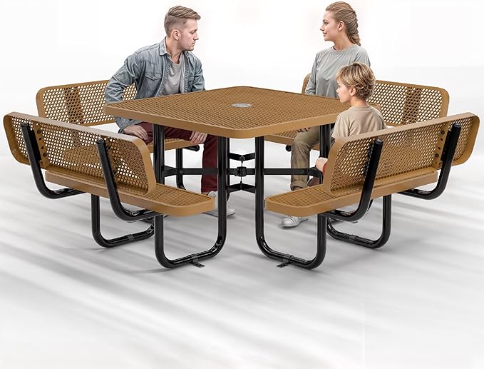 Metal Picnic Tables for Outdoors with Umbrella Hole - Coated Steel Heavy Duty Commercial Grade Table with Adjustable Seats (Brown, 46 in, Square with Back, Expanded Steel)