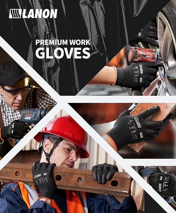 LANON 12 Pairs Safety Work Gloves, Mechanic Working Gloves for Men, PU Coated, Seamless Knit, Lightweight, Black, XL