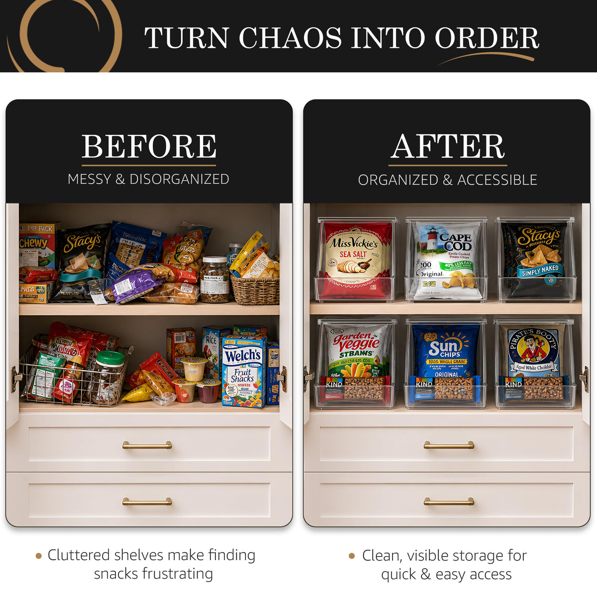 Sorbus Snack Organizer for Pantry, Clear Stackable Chip Bins (4 Pack)