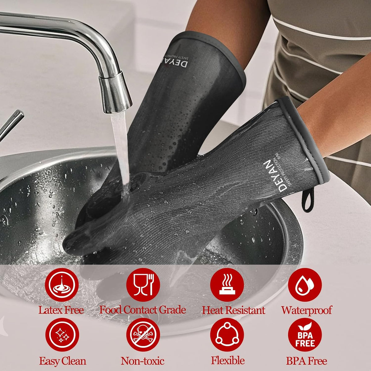 DEYAN Silicone BBQ & Oven Gloves - Food Grade, Heat Resistant Waterproof & Oil Proof Gloves for Grilling, Baking, Frying, Cooking - Long Sleeve & Non-Slip Grip, 1 Pair(Black, 9/L)
