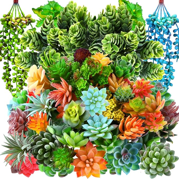 Tigeen 80 Pcs Artificial Plastic Succulents Realistic Textured Assorted Decorative Fake Faux Succulents Unpotted for Lotus Landscape Garden Arrangement