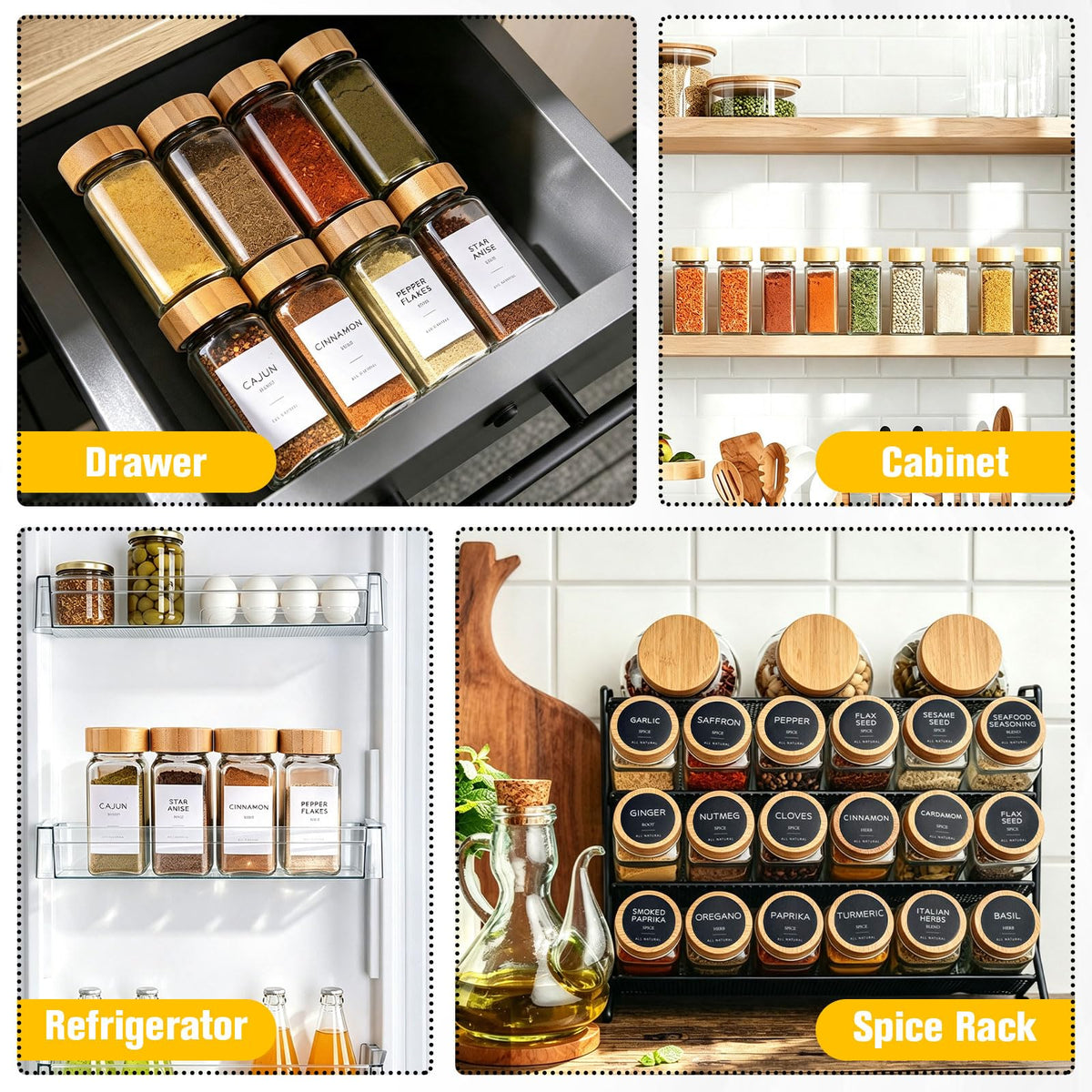 48PCS Spice Jars with Label, 4oz Glass Seasoning Containers with Bamboo Lid