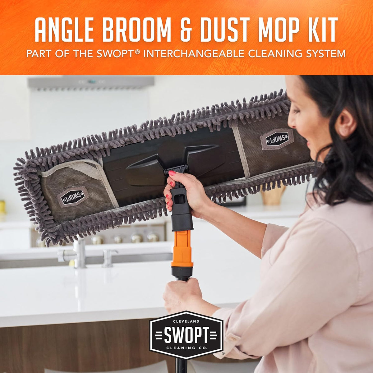 SWOPT 24” Microfiber Dust Mop, Angle Broom + 48” & 60" Steel Handles, Combo — Cleaning Heads with Long Handles Interchangeable with All SWOPT Cleaning Products — Clean Hard-to-Reach Areas