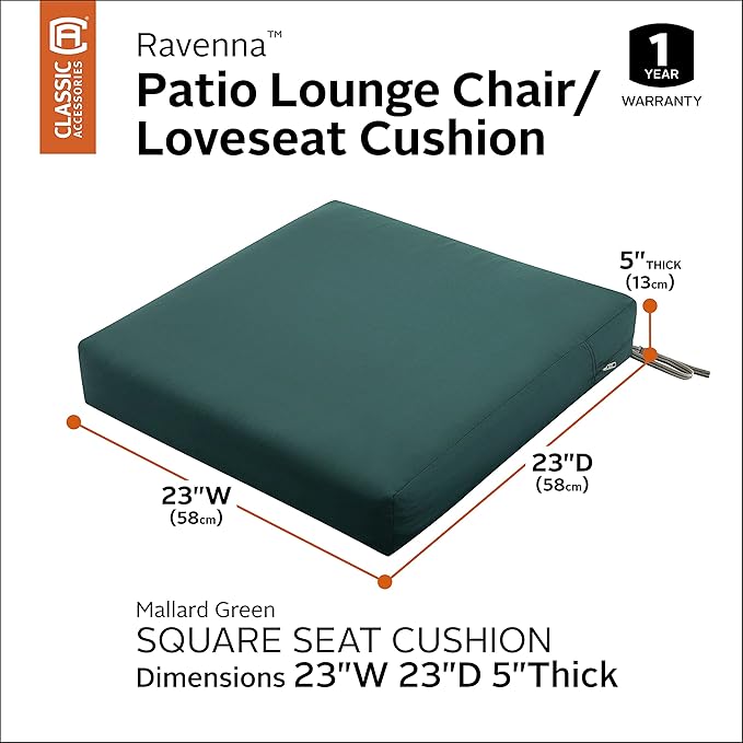 Classic Accessories Ravenna Water-Resistant 23 x 23 x 5 Inch Square Patio Seat Cushion Slip Cover & Foam, Mallard Green, Lounge Chair Cushion