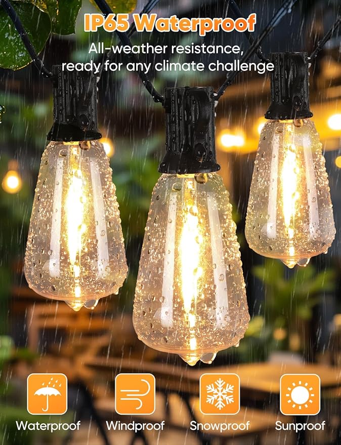 Brightever 50FT Outdoor String Lights with Remote, LED String Lights for Outside with 16 Shatterproof ST38 Vintage Edison Bulbs, 3 Modes 2 Timer Dimmable Outside Lighting for Patio, Gazebo, Deck, Yard