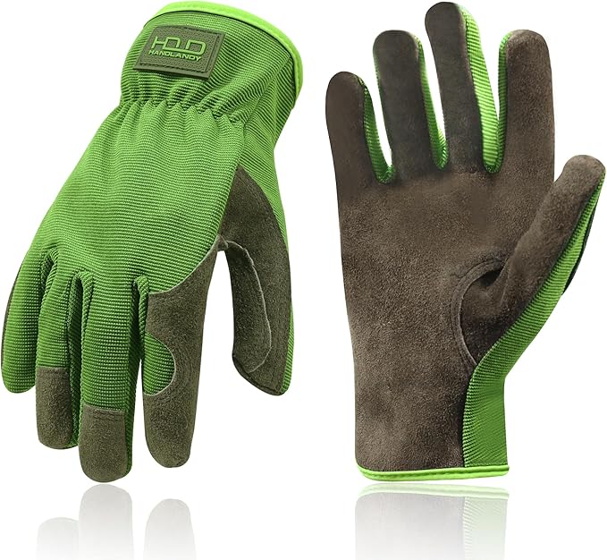 HANDLANDY Leather Work Gloves for Men & Women, Reinforced Durable Garden Gloves, Cowhide Working Glove for Gardening