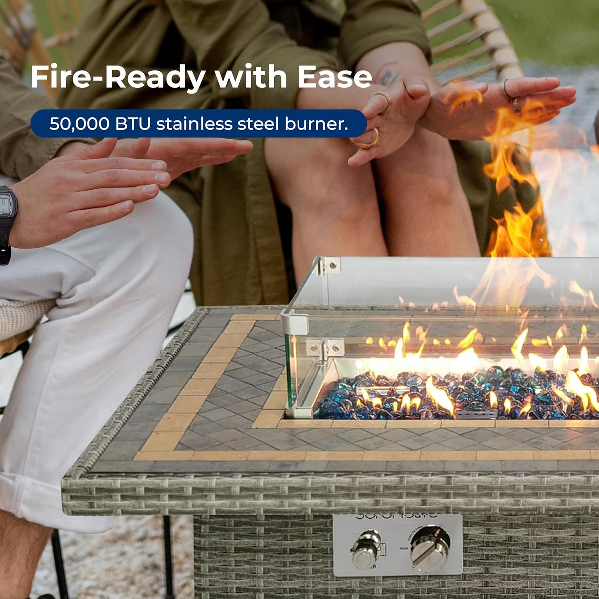 SereneLife Outdoor Propane Fire Pit Table 50000 BTU with Auto Ignition, Glass Wind Guard, Mosaic Tile Top, Clear Glass Rocks, and Weather-Resistant Design for Patio or Backyard