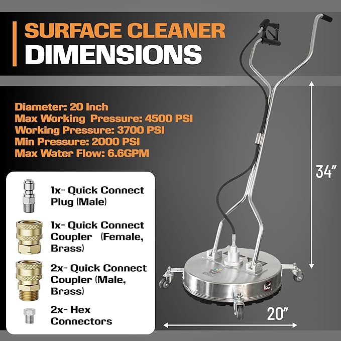 EDOU Direct 20 Inch Pressure Washer Surface Cleaner - Dual Handle Concrete Cleaner, Wheels - Driveway Pressure Washer Attachment, 4,500 PSI Max - Includes Quick Connector Kit - Silver