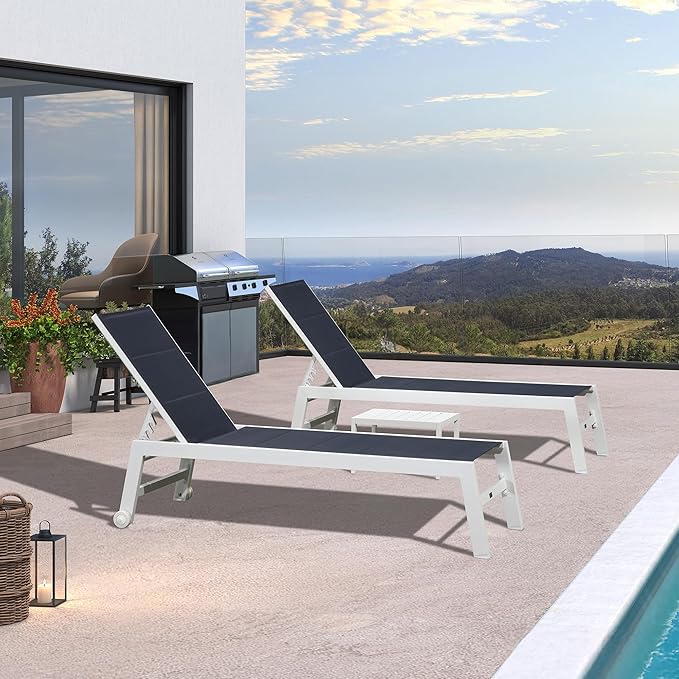 PURPLE LEAF Outdoor Chaise Lounge Set Oversize Adjustable Sunbathing Recliner Extra Wide Lounge Chairs with Side Table for Poolside Beach Outside Patio Aluminum Chaise Lounger Navy Blue