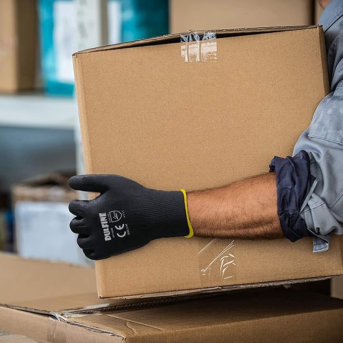 DULFINE Ultra-Thin PU Coated Work Gloves-12 Pairs,Excellent Grip,Nylon Shell Black Polyurethane Coated Safety Work Gloves, Knit Wrist Cuff,Ideal for Light Duty Work. (Medium)