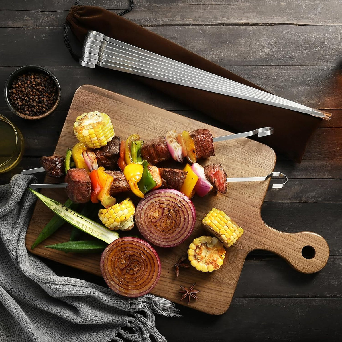 13.8" 12 Pack - Metal Flat Skewers Reusable Kabob Skewers BBQ Barbecue Skewers for Grilling, Stainless Steel