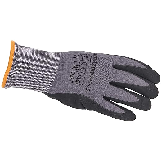 Amazon Basics Micro-Foam Nitrile Coated Work Gloves, Nylon Liner Fiber, Touch Screen, Grey, 11/XXL, 12-Pair