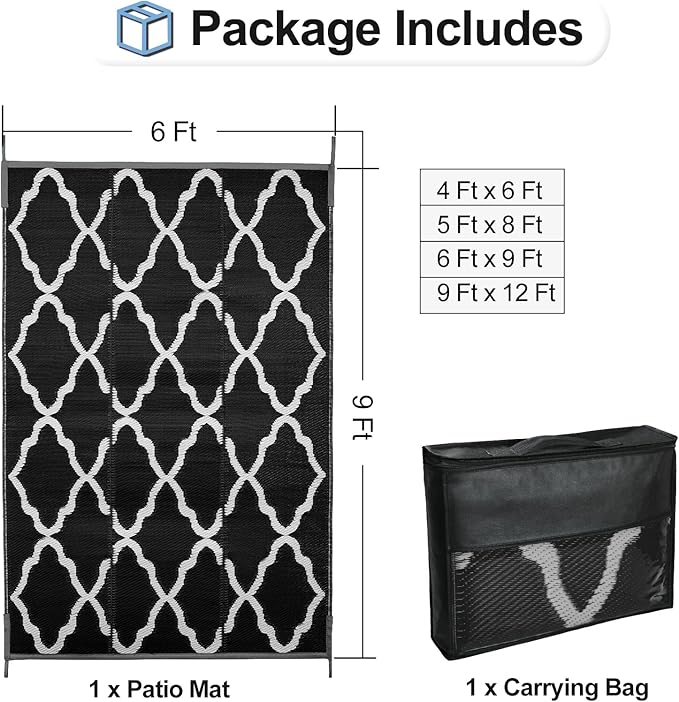 OutdoorLines Outdoor Plastic Area Rugs for Patio 6x9 ft - Reversible Outside Carpet, Stain & UV Resistant RV Mats, Straw Rug for Camping, Deck Garden, Porch and Balcony, Moroccan Black & Light Grey