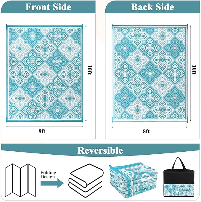 Pauwer Waterproof Outdoor Rug 8x10, Reversible Plastic Straw Patio Camping Rug, Indoor Outdoor RV Mat Carpet for Deck, Camper, Porch, Balcony, Backyard, Picnic, Clover Teal