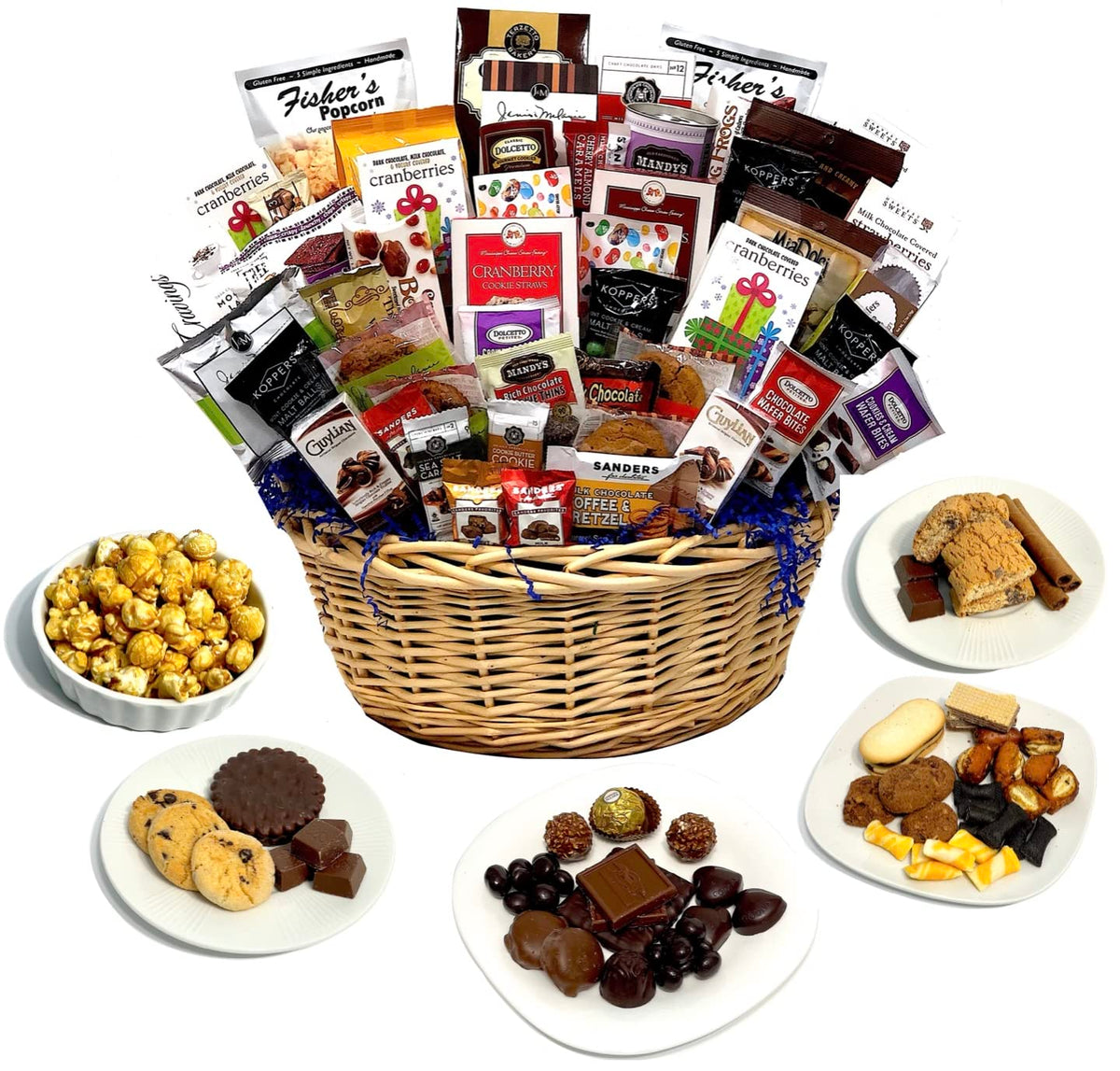 Hand-Crafted 54 Piece customizable chocolate gift basket of gourmet chocolates, cookies, and crunches. Tasty treats selected for businesses, clients