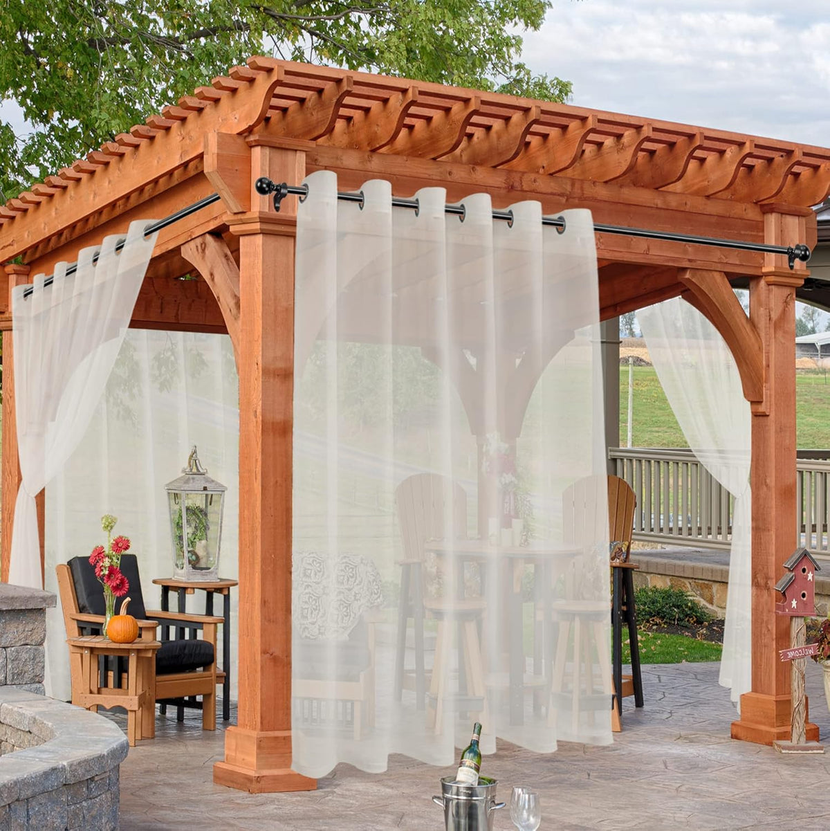 HolidayIdeas Beige Outdoor Sheer Curtains for Patio Waterproof, 4 Panels - 100 x 95 Inch - Extra Wide Voile Outside Curtains Light Filtering Grommet Drapes for Front Porch, Gazebo, Pergola, Backyard