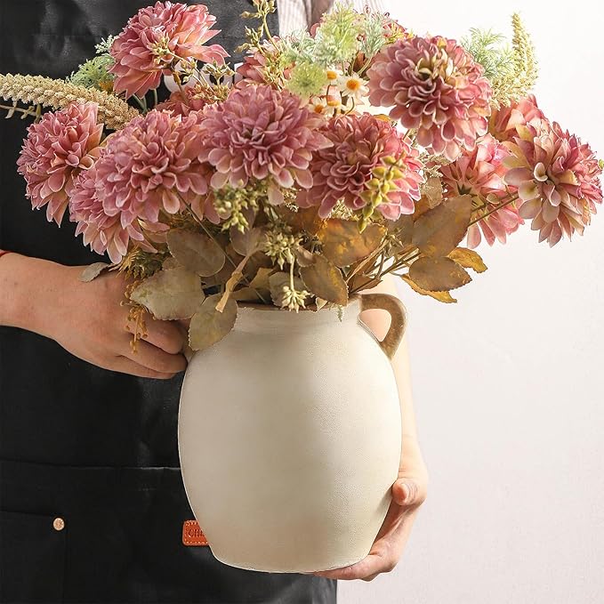 Ceramic Flower Vase 7.6 inch Farmhouse Rustic Vase Decorative Pottery Terracotta Vases for Home Decor Table Mantle Fireplace Living Room Bathroom Wedding Centerpiece