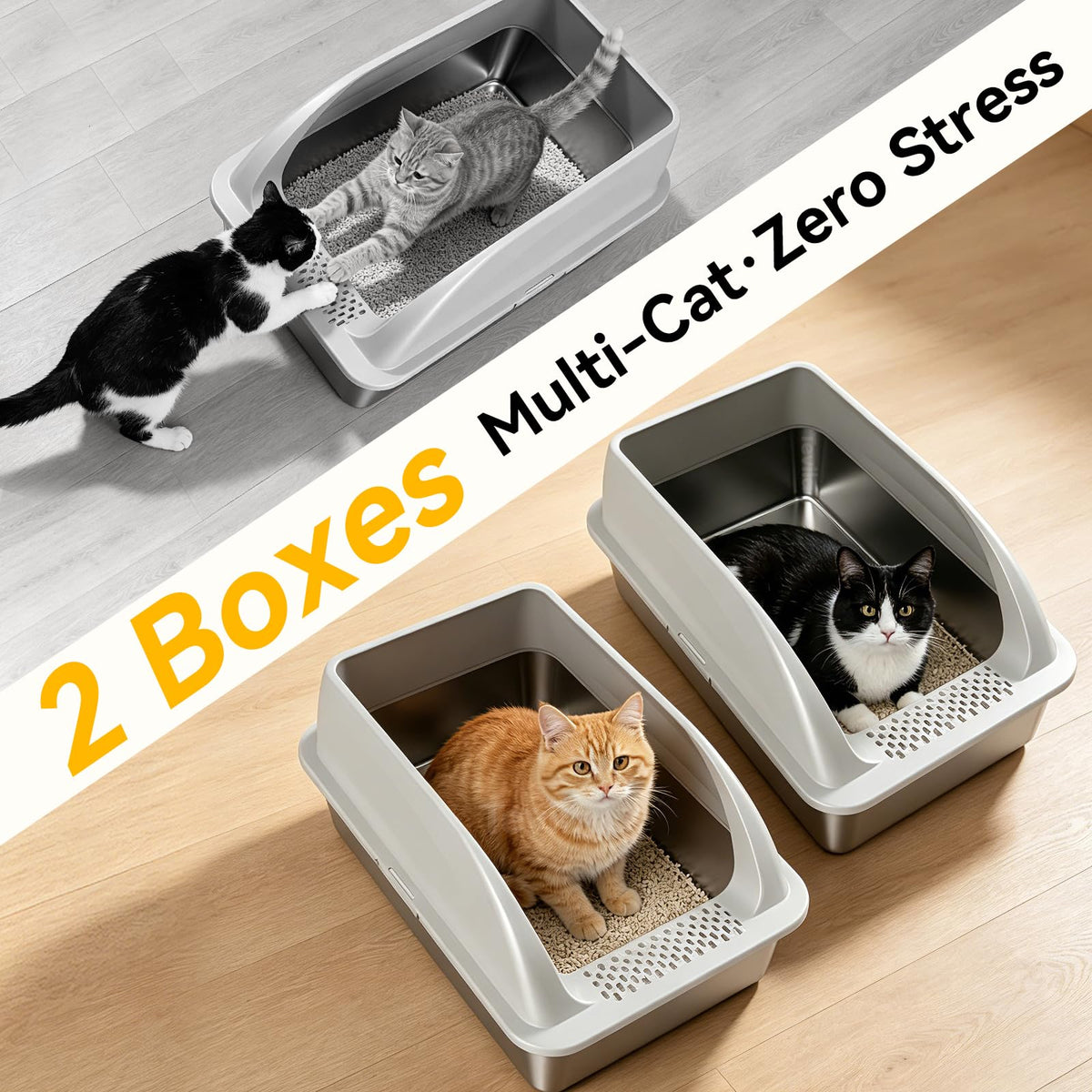 Tevila 2 Pack XL Stainless Steel Litter Box with High Sides for Large Cat