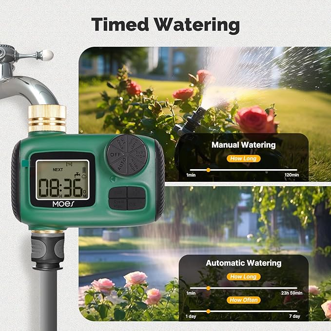 MOES Sprinkler Timer, Brass Inlet & Outlet, Programmable Automatic Irrigation Controller, Rain Delay, Manual Watering, 1 Zone Water Hose Timers for Gardens, Lawns, and Hose Systems