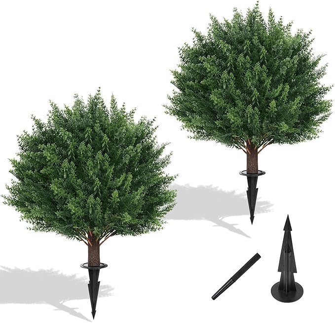 Artificial Set of 2 Cedar Topiary Ball Trees 16" for Outdoors with Ground Spike, UV Resistant Faux Cypress Plants, Evergreen Shrubs Bushes for Front Porch Garden Backyard Decor