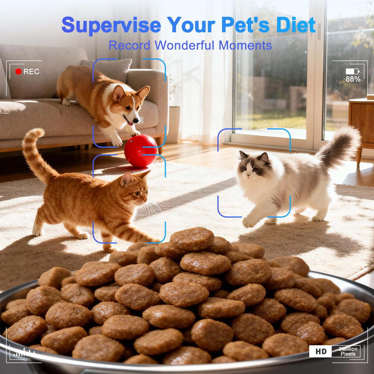 PETSDA Automatic Cat Feeder with 2K Camera 5G WiFi 4L Timed Dry Food Dispenser APP Control, 15 Meals Programmable 1-20 Portion Per Day Dual Power Supply with Stainless Bowl for Multiple Pet Easy Clean