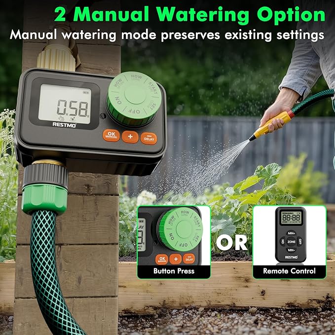 RESTMO RF Remote Controlled Sprinkler Timer with Brass Inlet & Outlet, Programmable Water Timer for Garden Hose, Automatic | Manual | Rain Delay for Outdoor Faucet, Drip Irrigation and Lawn Watering