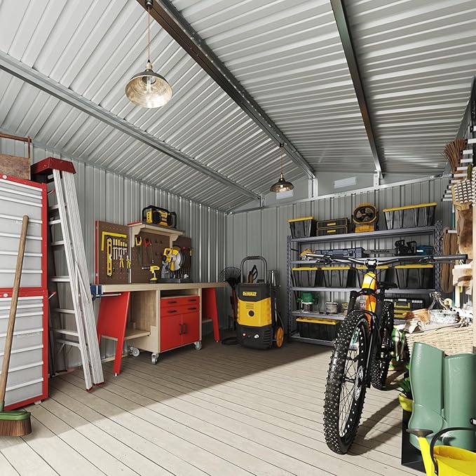 Aoxun 10x10 FT Outdoor Storage Shed Garden Metal Shed with Lockable Door Outdoor Large Shed for Tool, Garbage Can, Bike, Mower, Brown