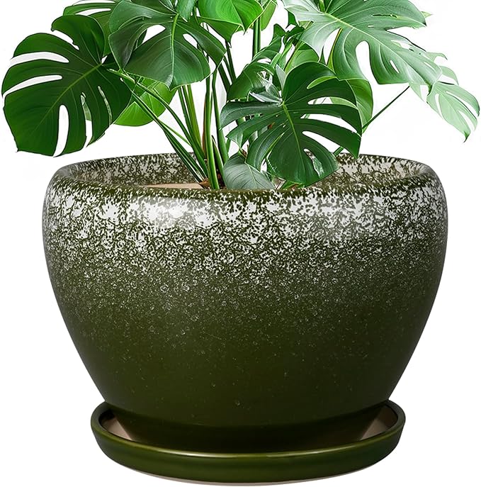 10 Inch Planter Pot - Ceramic Pots for Plants with Drainage Hole and Saucer, Round Large Flower Pot for Indoor Plants, Dark Green